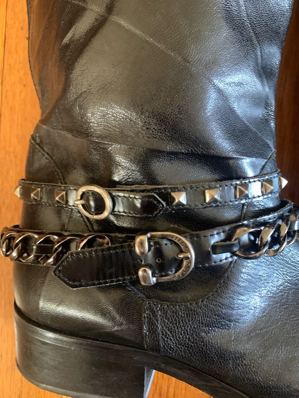 Miss Sixty Women's Black Leather Biker Boots with Chain Detail 38/ 7 - Picture 3 of 6